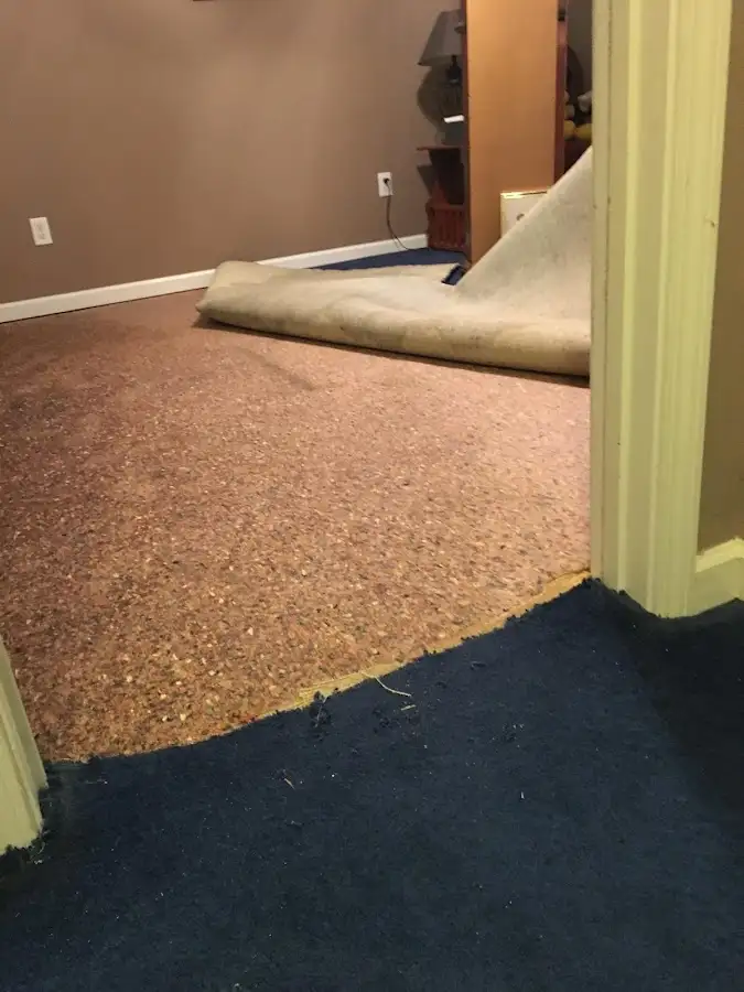 Carpet pad removal revealing water damage during Water Mitigation Services in Jamestown